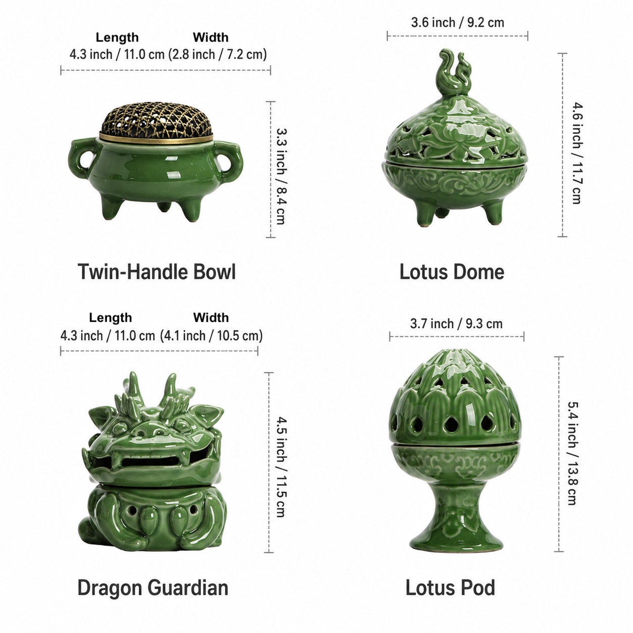 Size guide infographic showing four celadon green ceramic incense burner styles with dimensions