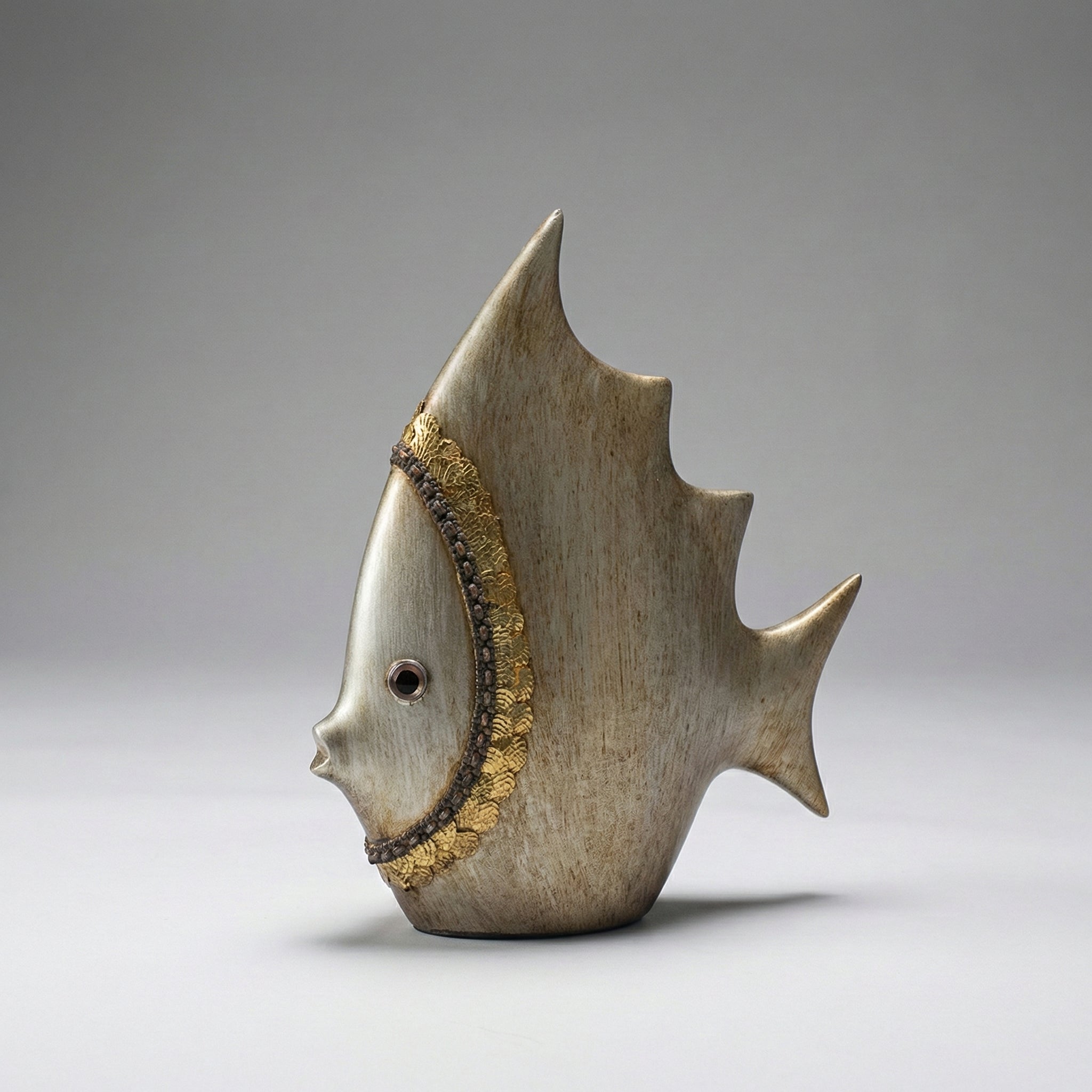 Crested ceramic fish figurine in warm neutral tones on a clean studio background