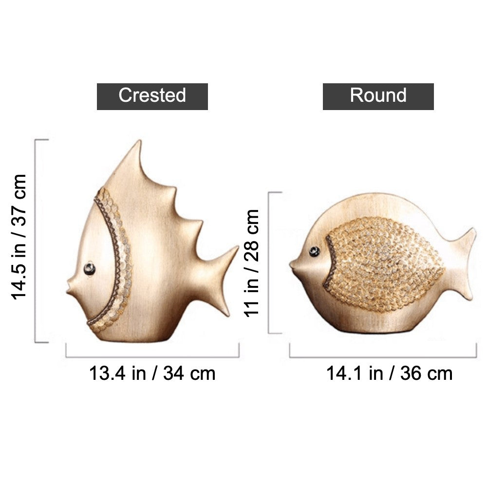 Dimensions comparison of Crested and Round ceramic fish sculptures
