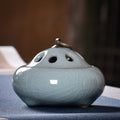 Blue Gray ceramic incense burner with subtle crackle glaze and metal ring handle