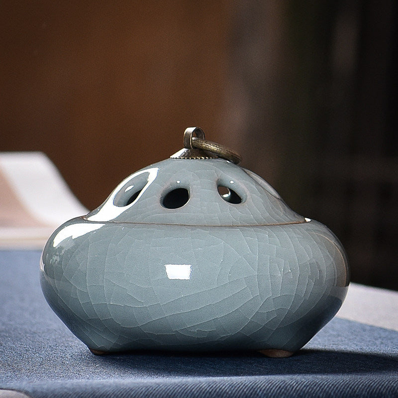 Blue Gray ceramic incense burner with subtle crackle glaze and metal ring handle