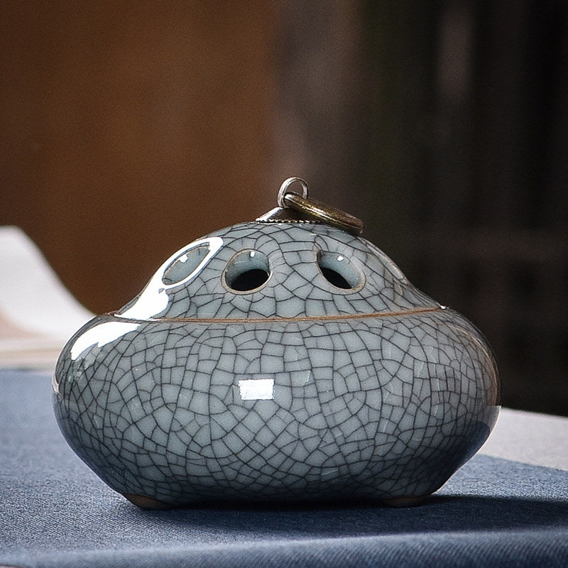 Crackle Gray ceramic incense burner with pronounced crackle glaze and vented lid