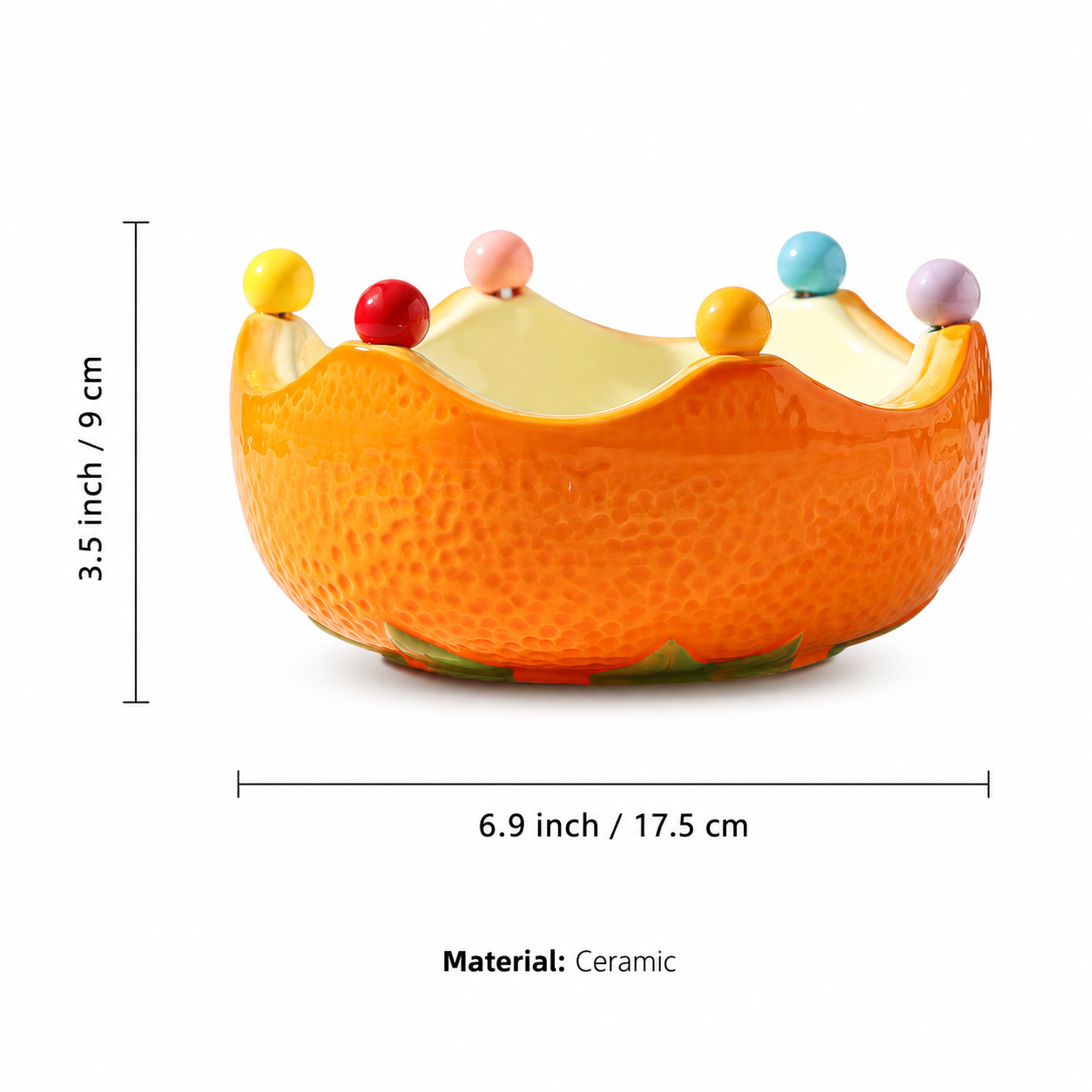 Measurement diagram of the ceramic crown fruit bowl showing dimensions on a white background