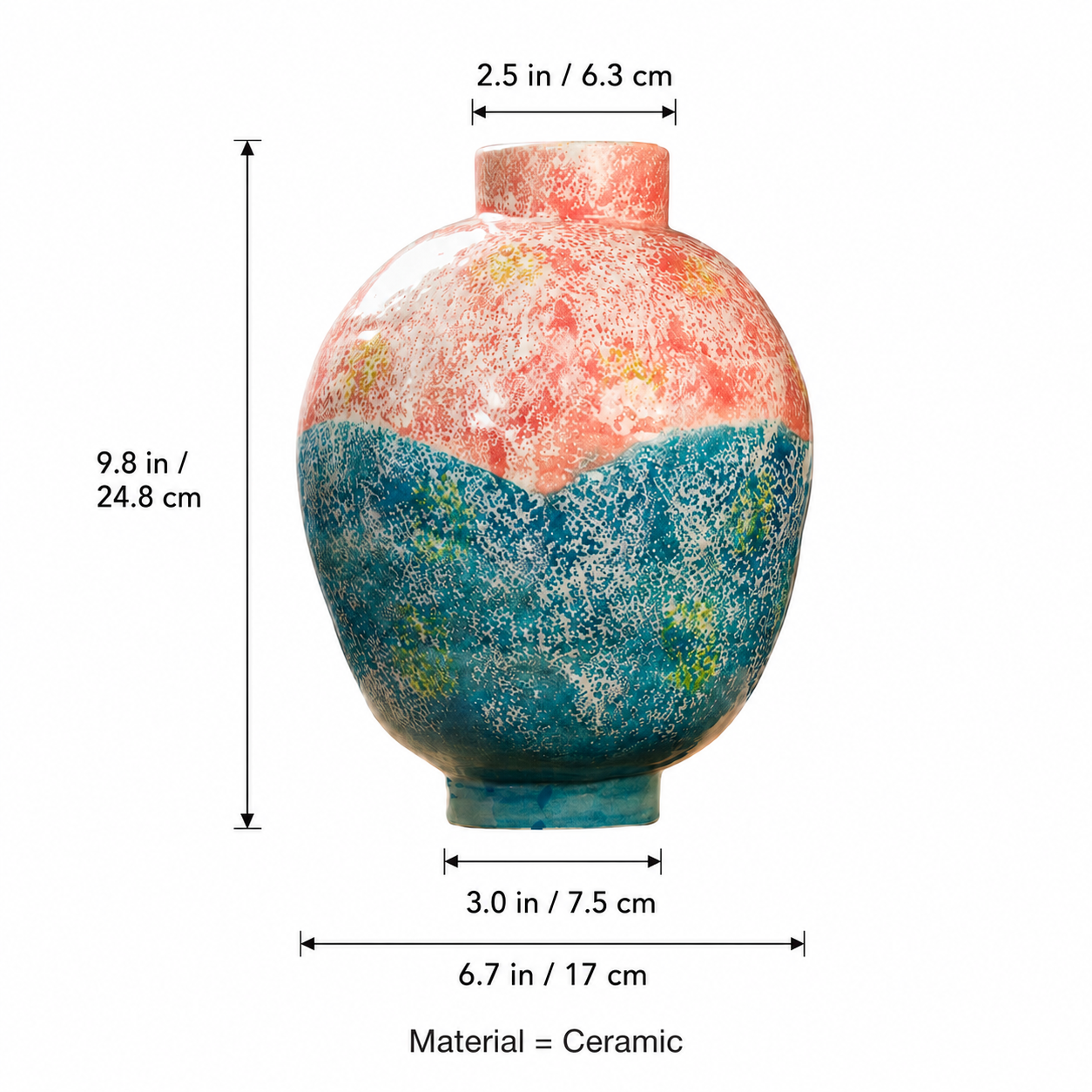 Colorful ceramic vase measurement chart with dimensions and ceramic material