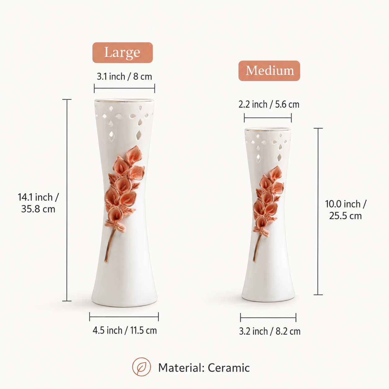 Ceramic flower vase size chart showing Medium and Large measurements