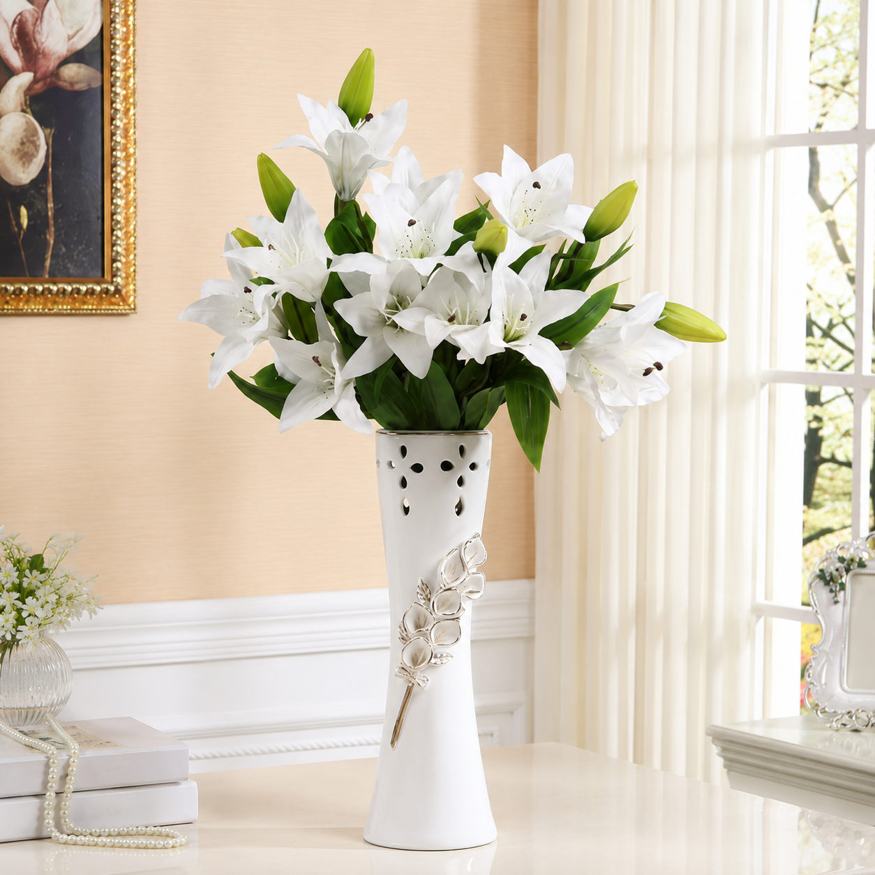 Decorative white ceramic vase with white lilies and raised floral relief design