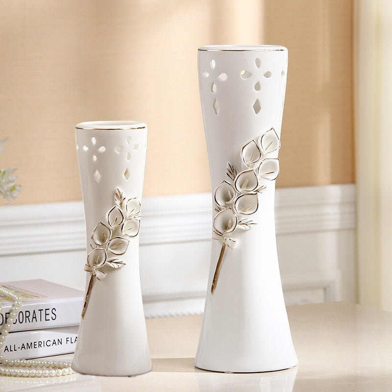 White flower ceramic vases in Medium and Large sizes with raised floral relief