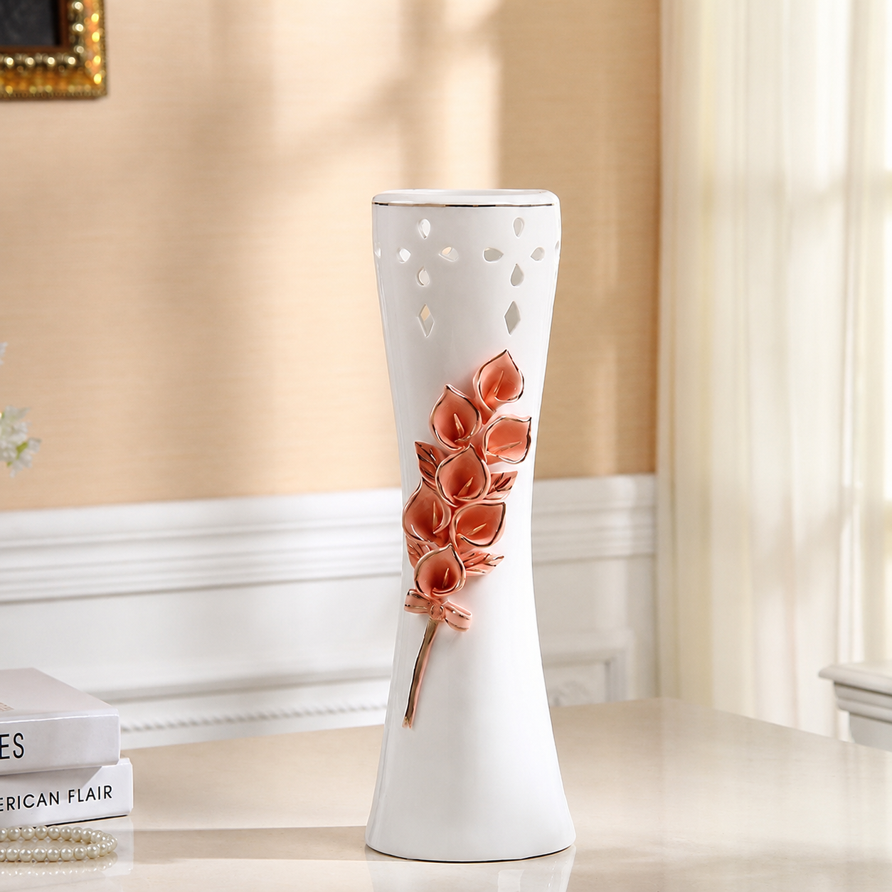 Medium pink flower ceramic vase with cutout detailing and flared silhouette