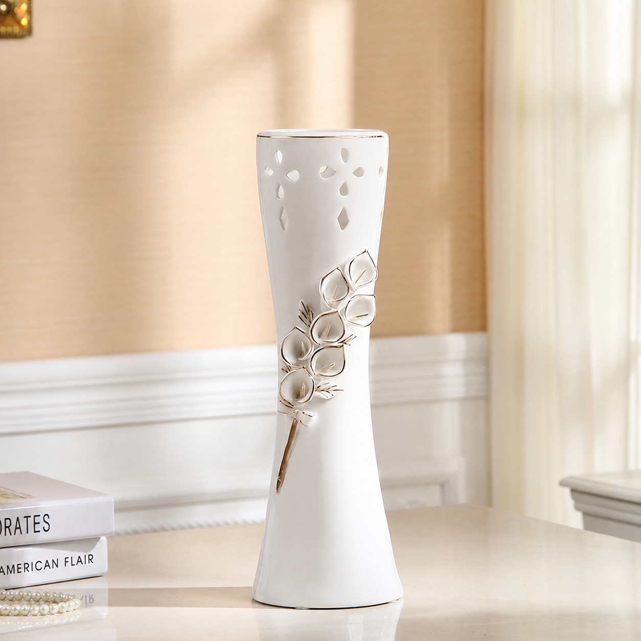 Medium white flower ceramic vase with cutout detailing and sculpted floral branch