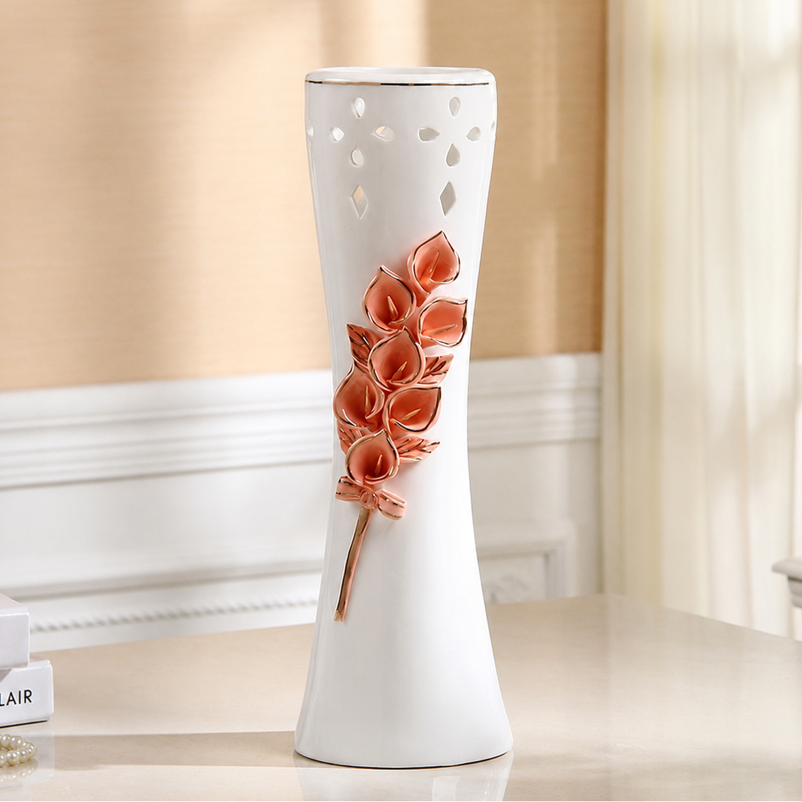 Large pink flower ceramic vase with 3D floral relief and tall flared shape