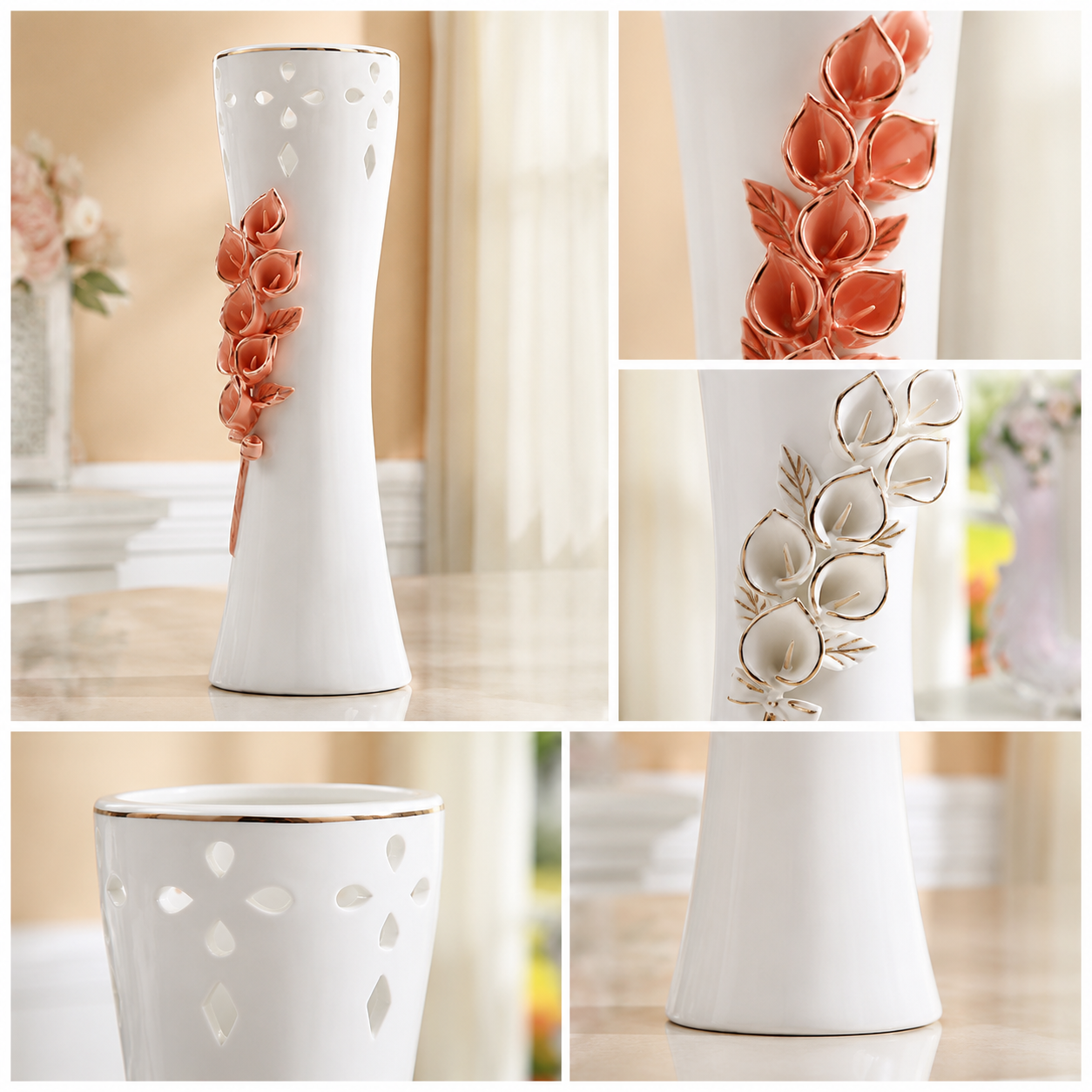 Ceramic flower vase detail collage showing 3D floral relief, cutout rim, and flared shape