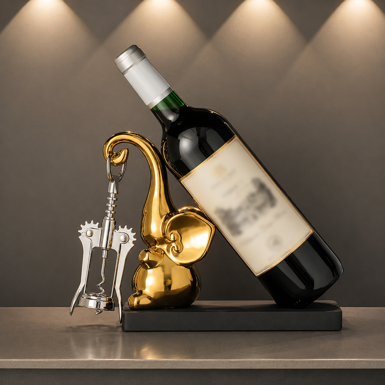 Gold elephant ceramic wine bottle holder with corkscrew and display wine bottle on black wood base