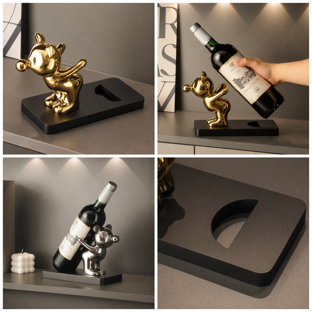 Detail collage showing ceramic wine bottle holder, black wood base, and display use