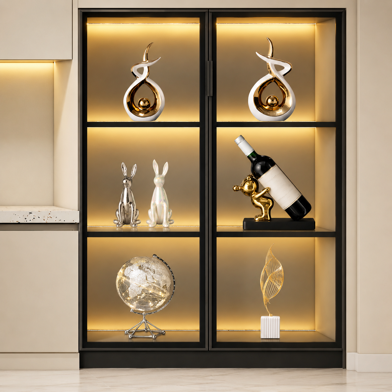 Gold ceramic wine bottle holder styled on illuminated display shelf with luxury decor accents