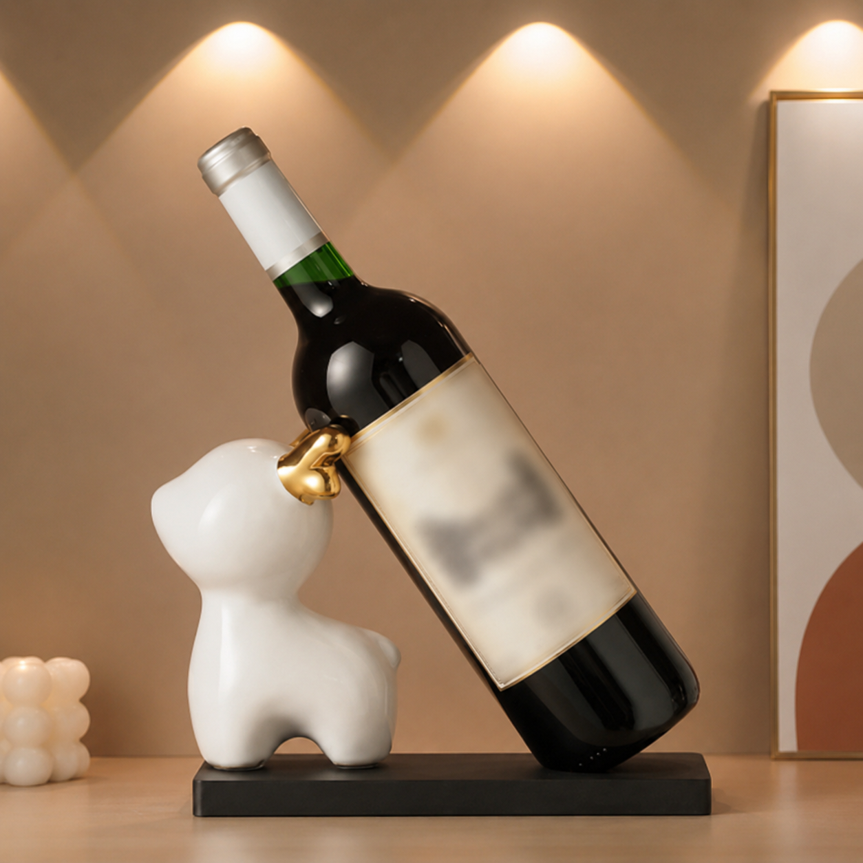 White deer ceramic wine bottle holder with wine bottle on black wood base