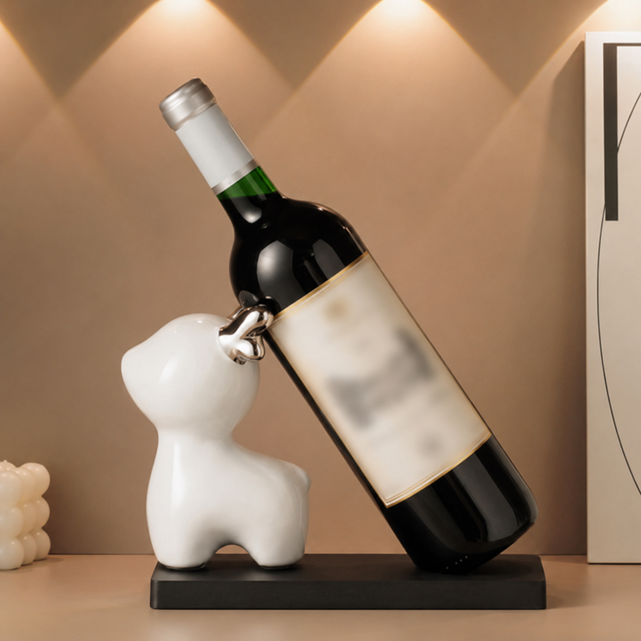 White animal ceramic wine bottle holder with wine bottle on black wood base