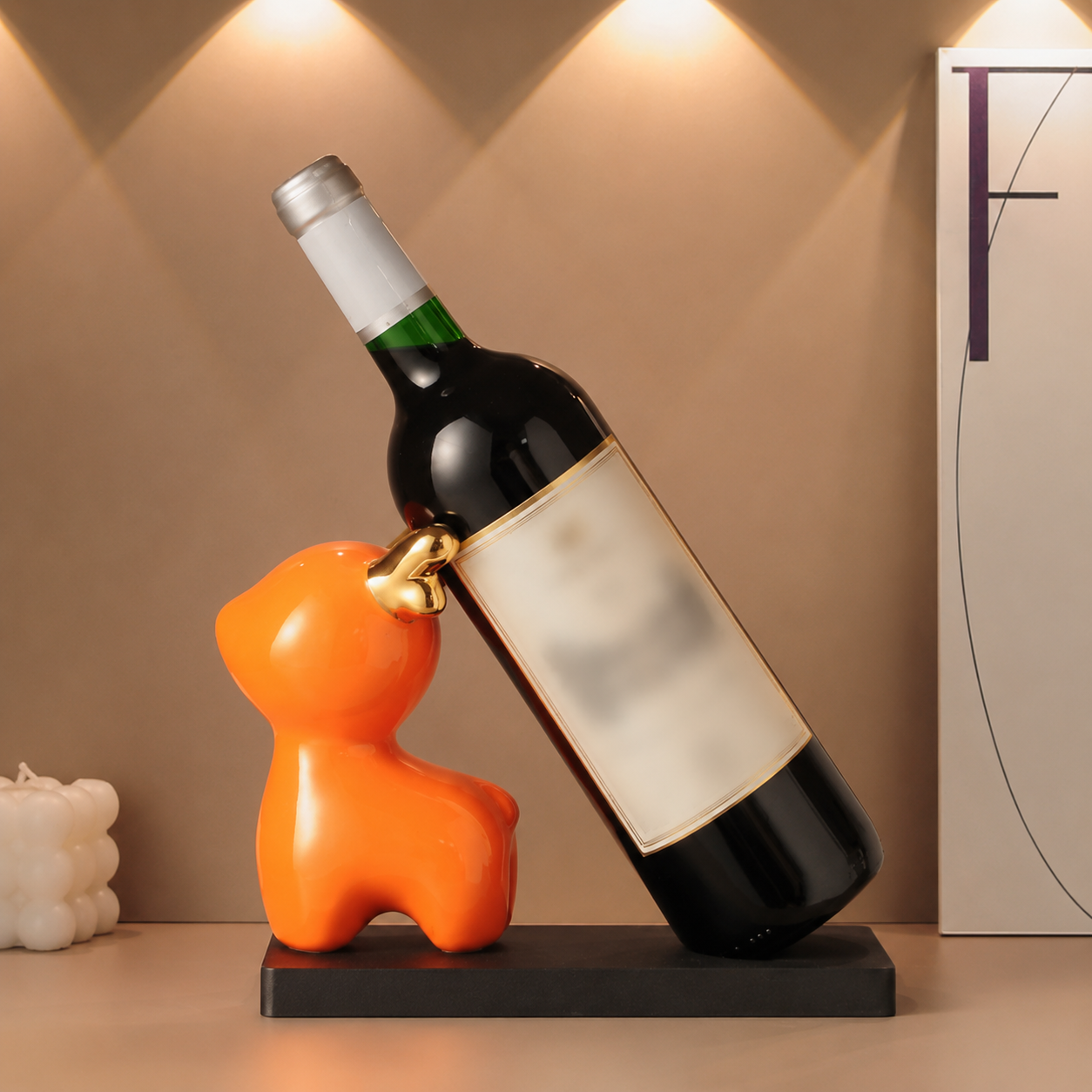 Orange deer ceramic wine bottle holder with wine bottle on black wood base