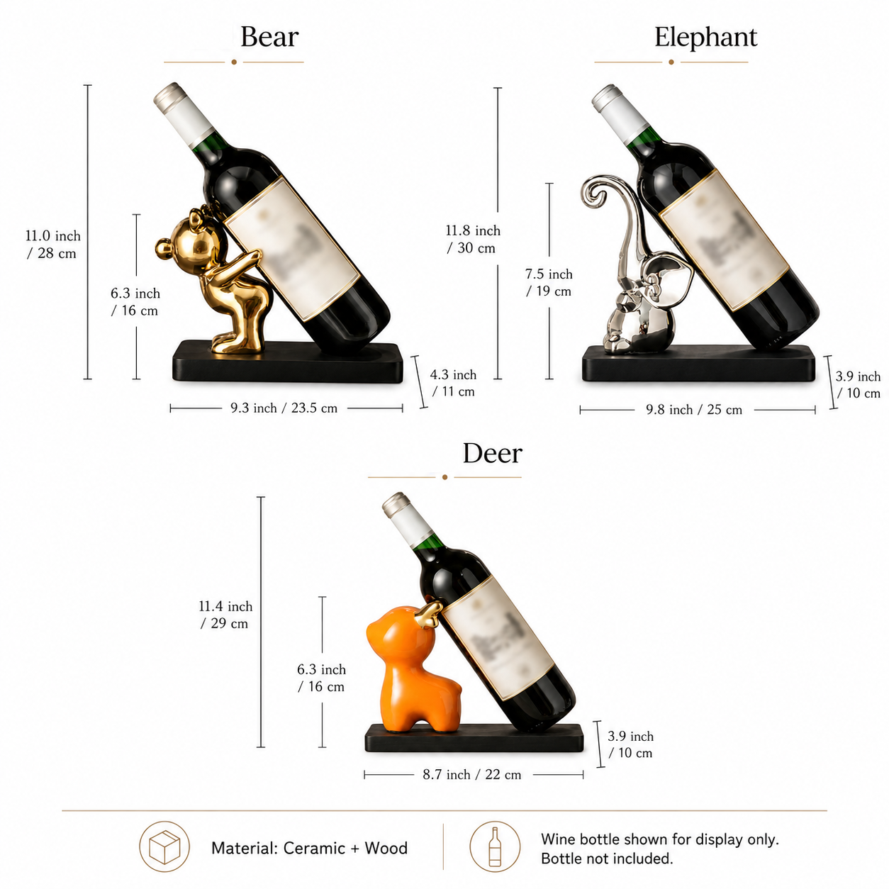 Decorative ceramic wine bottle holder size guide showing bear, elephant, and deer styles with dimensions