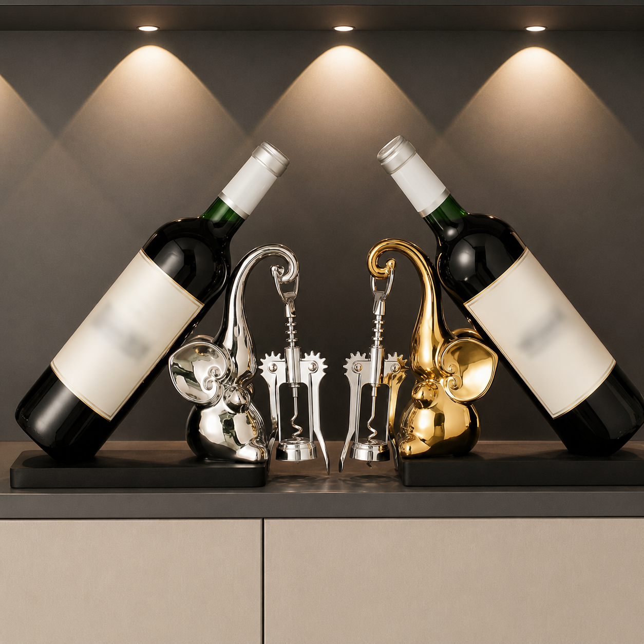 Symmetrical silver and gold ceramic wine bottle holders with corkscrew accessories under display lights