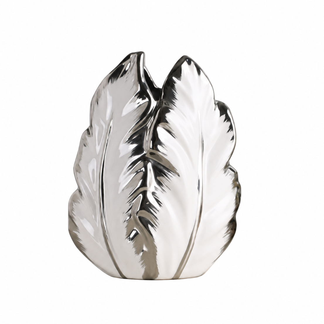 Silver electroplated ceramic plantain leaf vase on a white background