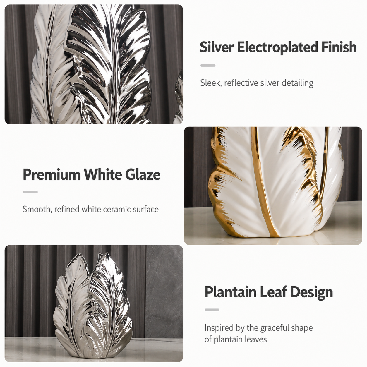 Feature graphic highlighting silver electroplated finish, white glaze, and plantain leaf design