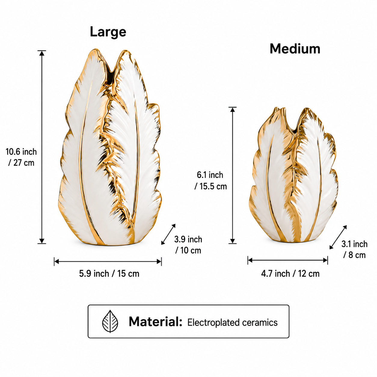 Size chart for large and medium electroplated ceramic plantain leaf vases