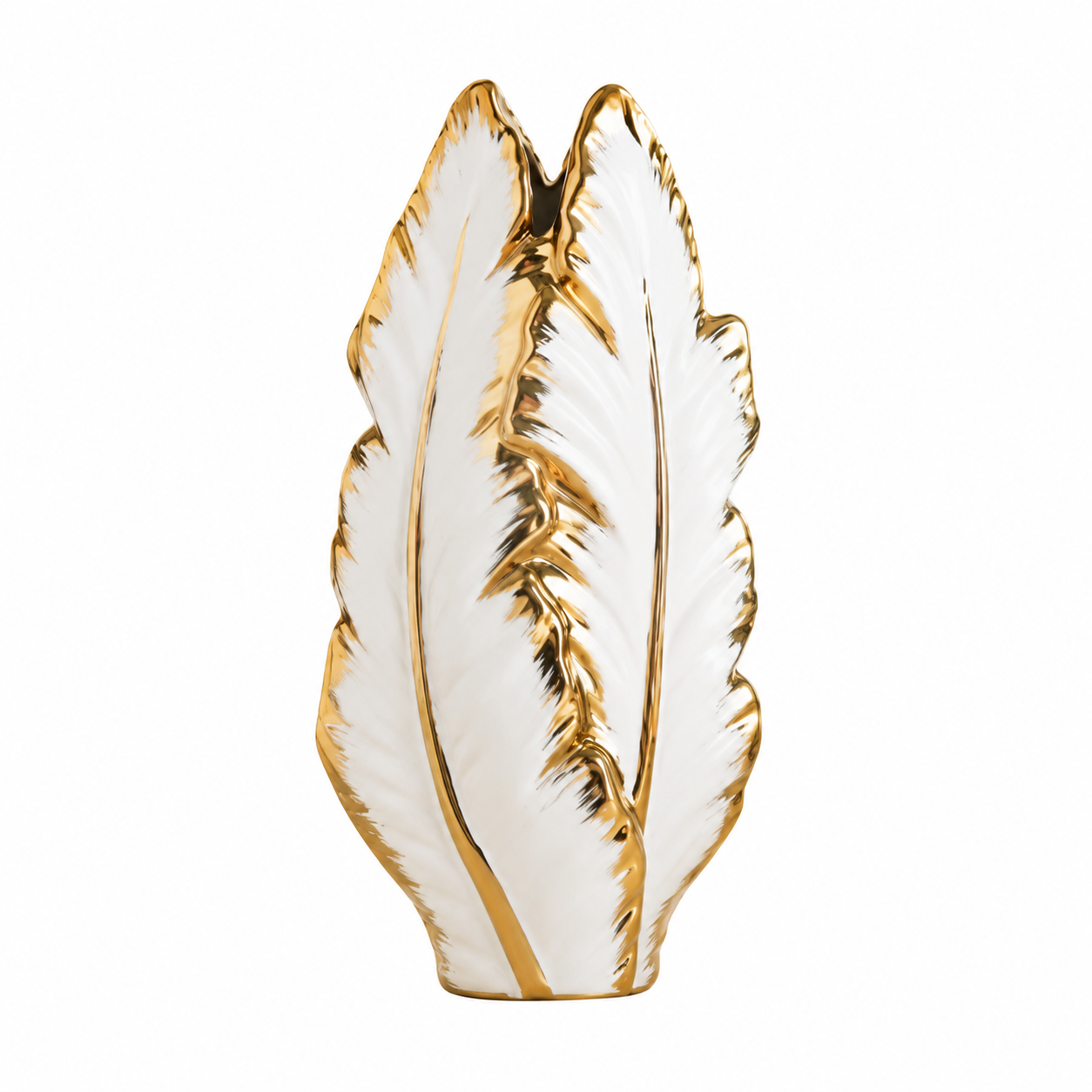 Large gold electroplated ceramic plantain leaf vase on a white background