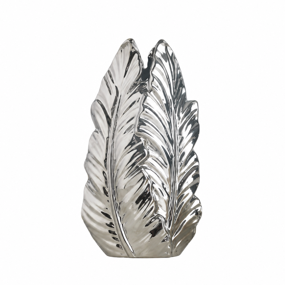 Medium silver electroplated ceramic plantain leaf vase on a white background
