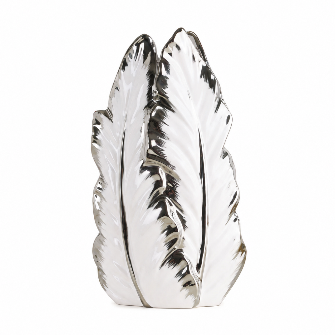 Large silver electroplated ceramic plantain leaf vase on a white background
