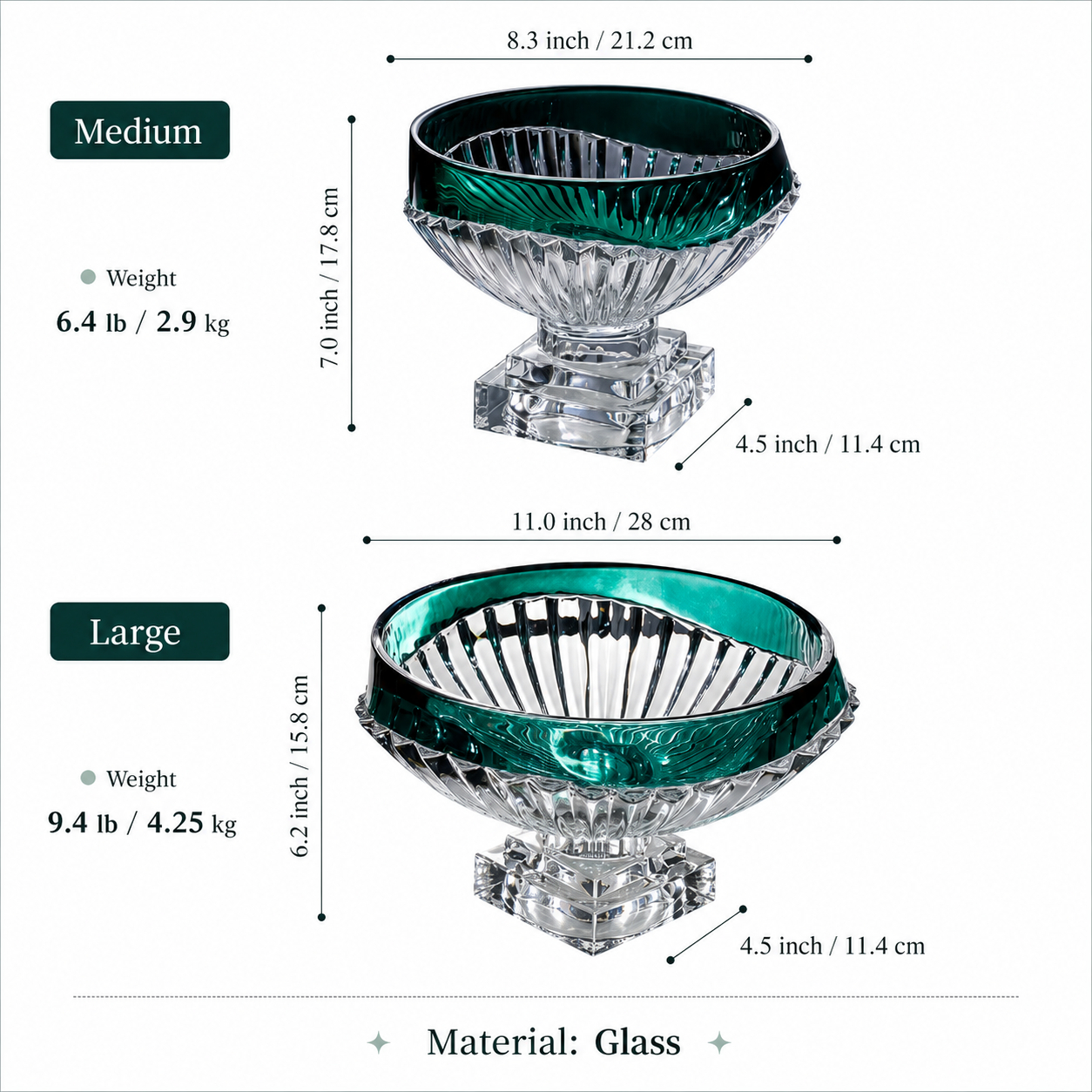 Size guide for Medium and Large emerald green glass pedestal centerpiece bowls
