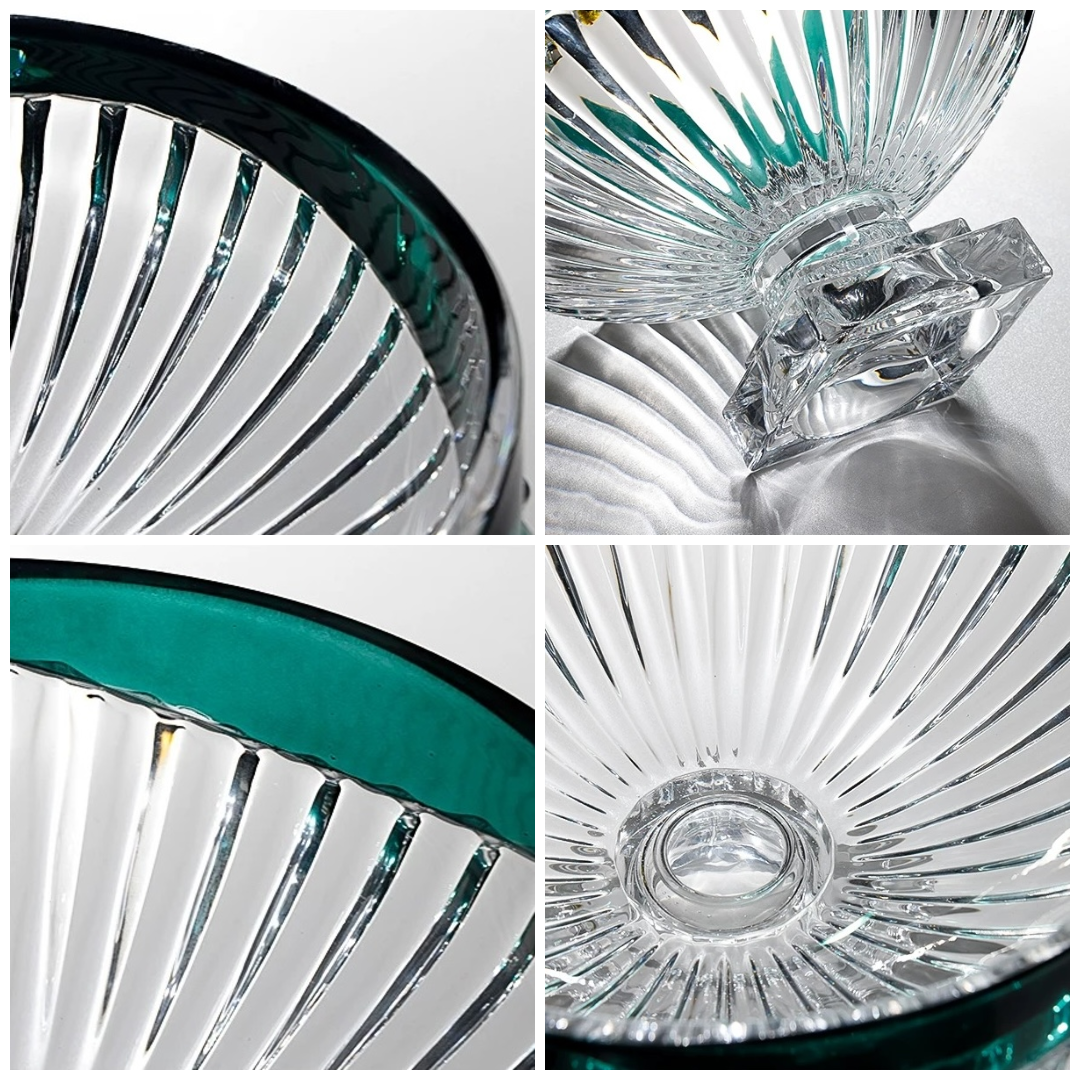 Close up collage showing fluted glass texture square pedestal base and geometric detailing
