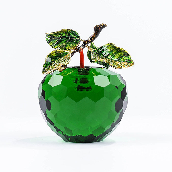 Green faceted crystal apple decor with enamel leaves and gold-tone stem accents