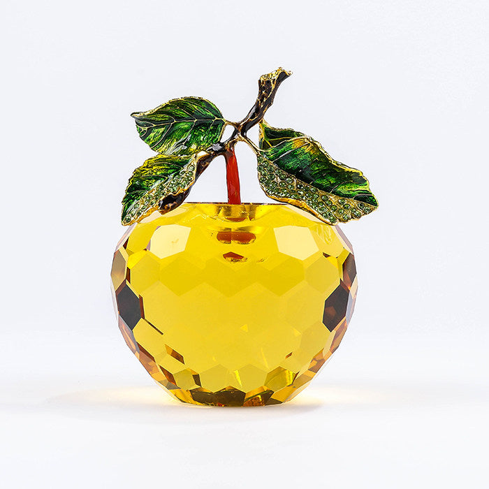Yellow faceted crystal apple decor with faceted crystal body and enamel leaf top