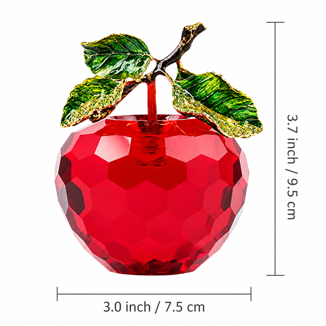 Red faceted crystal apple decor size guide with height and width measurements