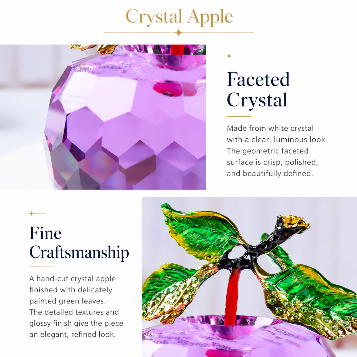Faceted crystal apple decor detail image showing crystal body and enamel leaf craftsmanship