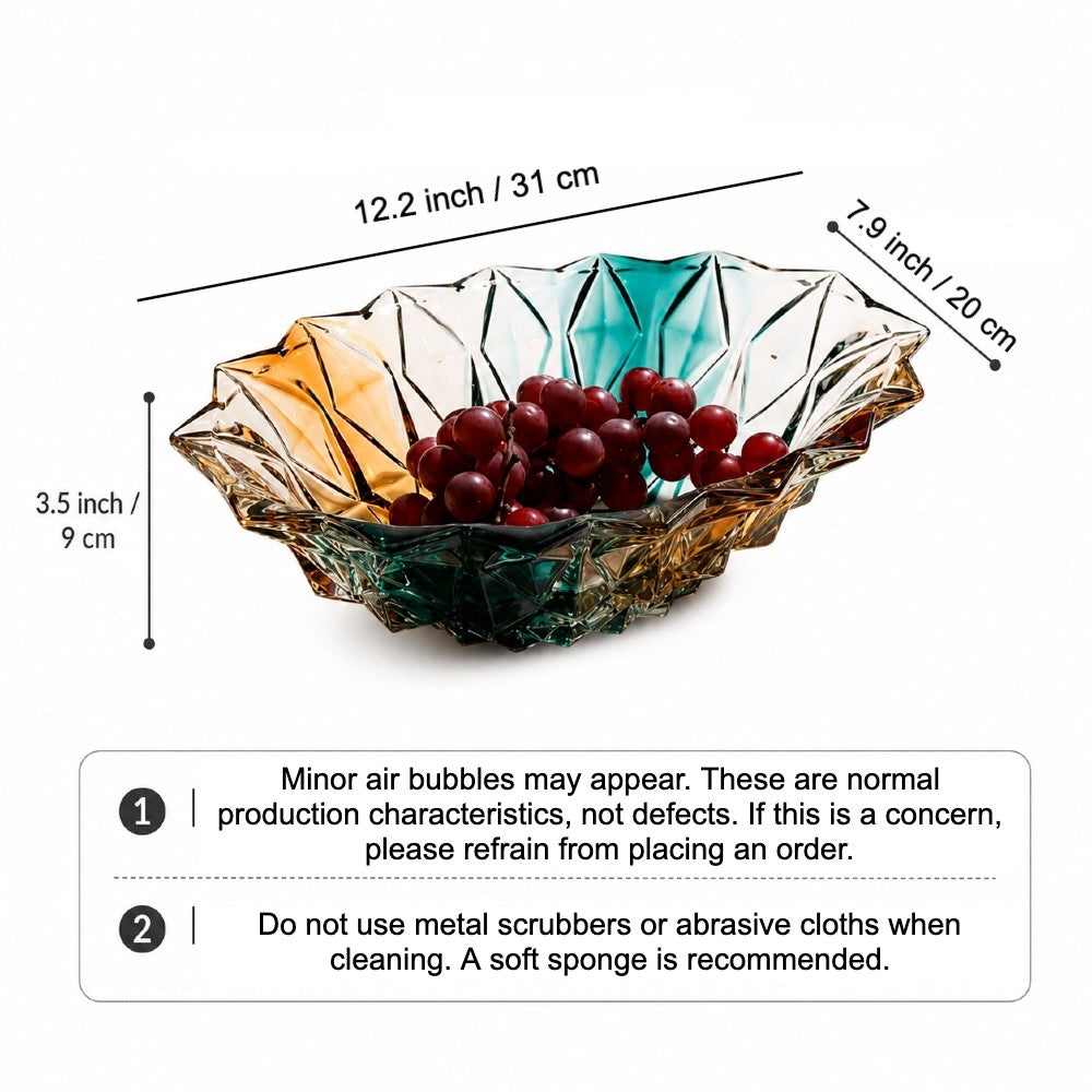 Faceted gradient glass centerpiece bowl size guide with care notes and measurements