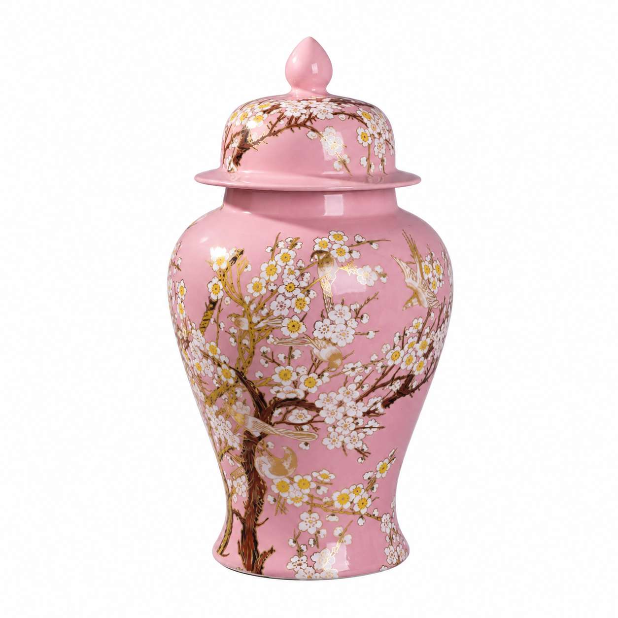 Small pink floral bird ceramic ginger jar with lid on a white background