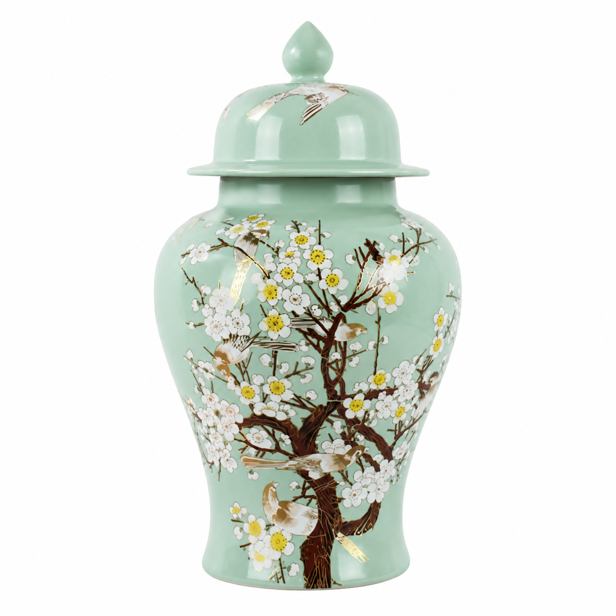 Aqua green floral bird ceramic ginger jar with lid on a white background