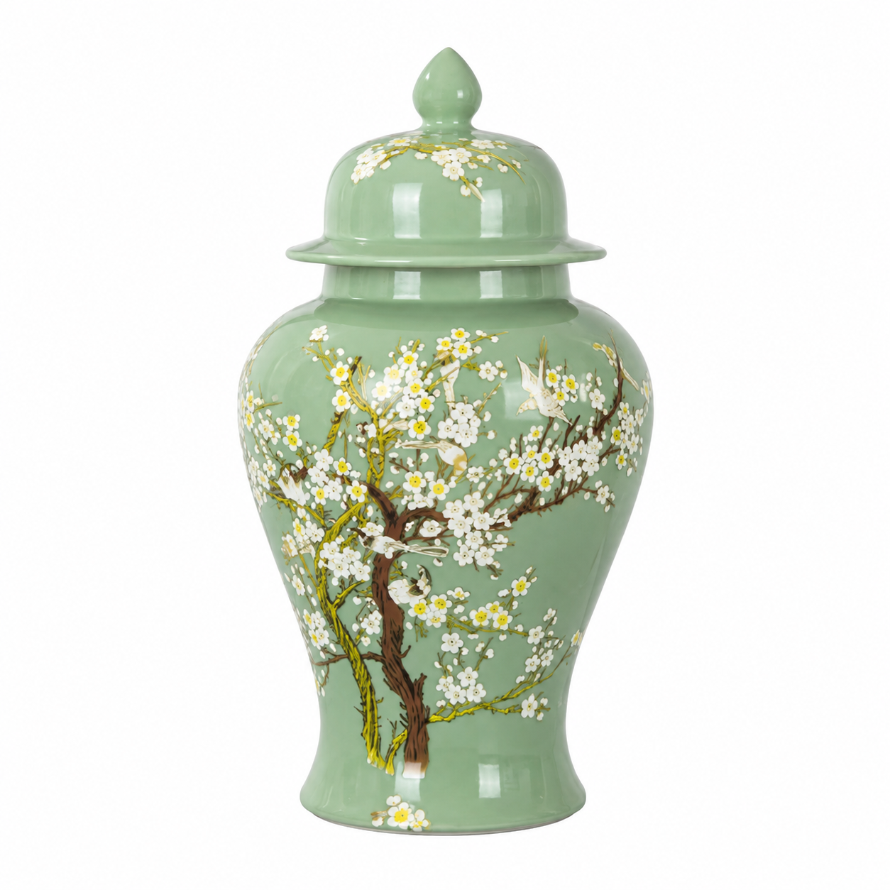 Green floral bird ceramic ginger jar with lid on a white background
