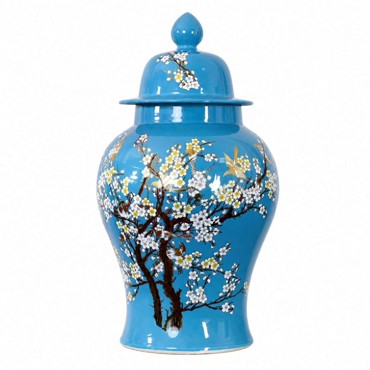 Blue floral bird ceramic ginger jar with lid on a white background