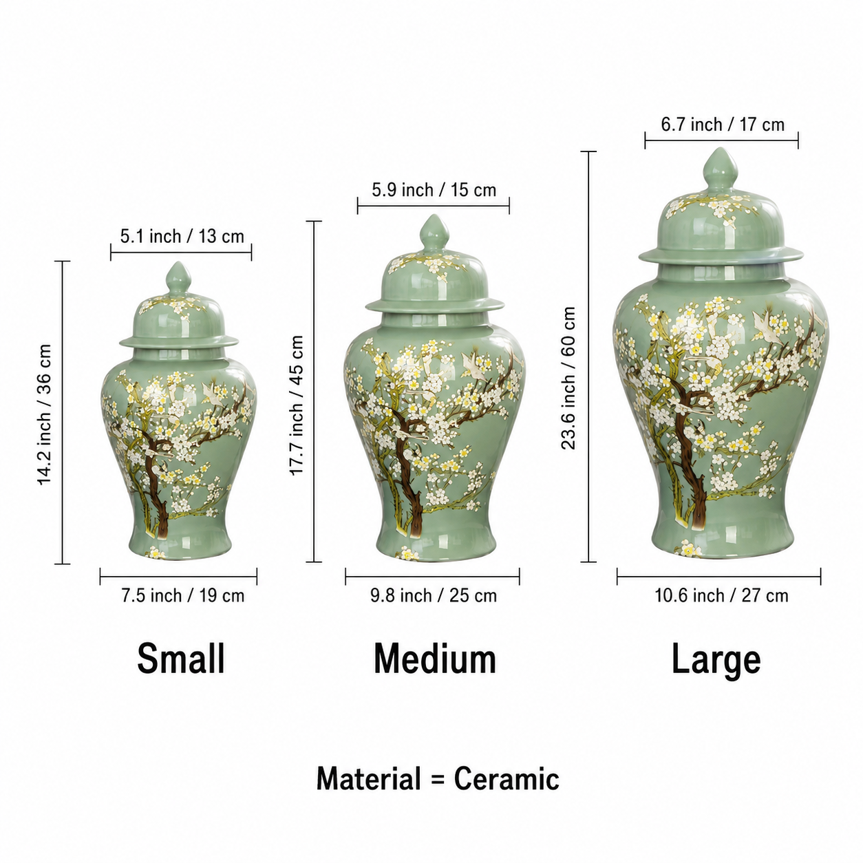 Floral bird ceramic ginger jar size guide showing Small, Medium, and Large variants