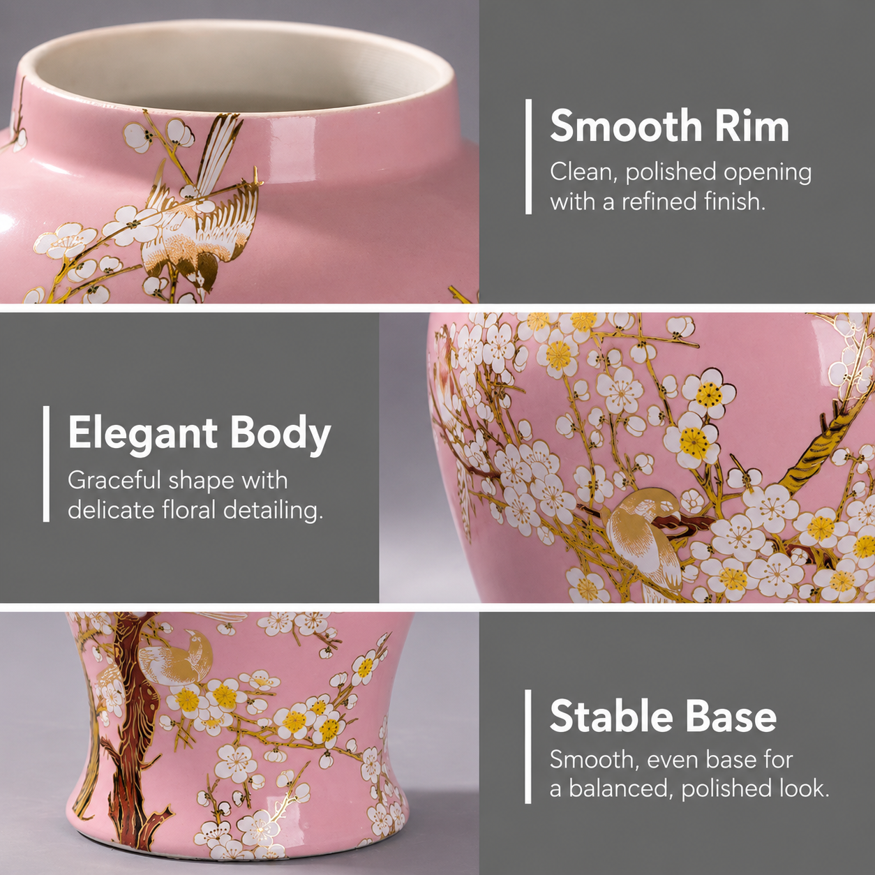 Floral bird ceramic ginger jar feature guide showing smooth rim, elegant body, and stable base