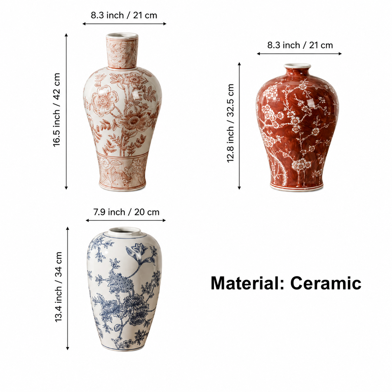 Dimension guide for floral ceramic vases showing height, width, and ceramic material