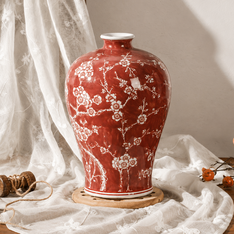 Red plum blossom ceramic vase styled with soft fabric and decorative accents
