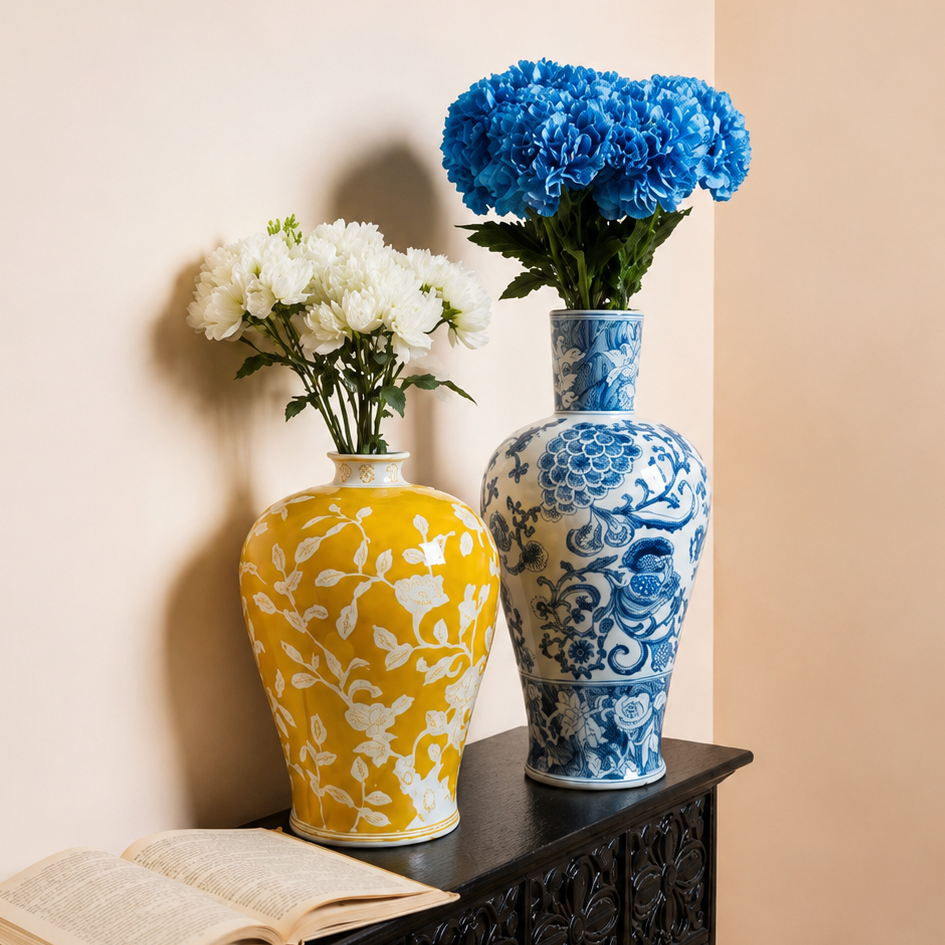 Yellow plum blossom and blue floral ceramic vases with fresh flower arrangements