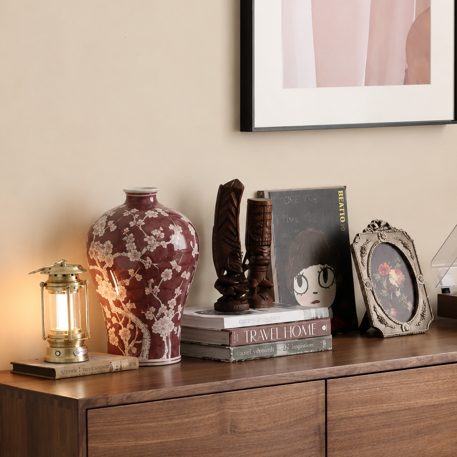 Floral ceramic vase styled on a mantel with framed decor and candle accents