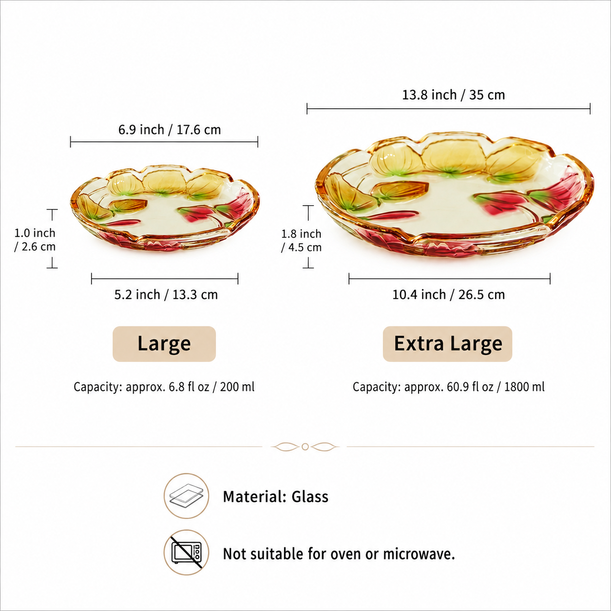 Size guide for Large and Extra Large floral embossed glass centerpiece plates