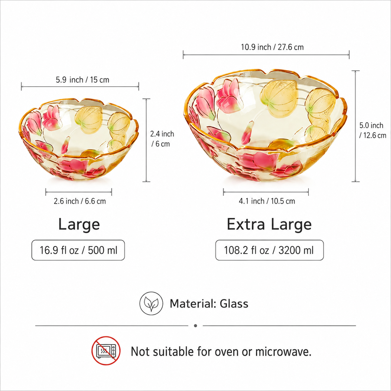 Size guide for Large and Extra Large floral embossed glass centerpiece bowls