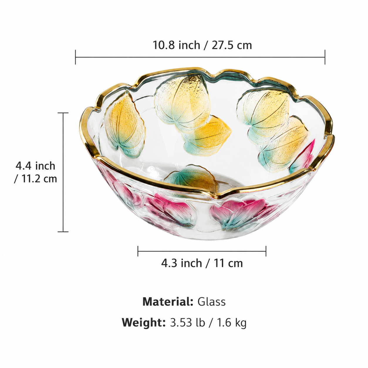 Measurement guide for floral embossed glass centerpiece bowl showing size weight and material