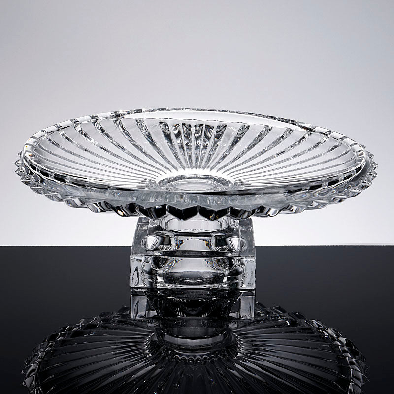 Clear fluted glass pedestal centerpiece bowl displayed from the front